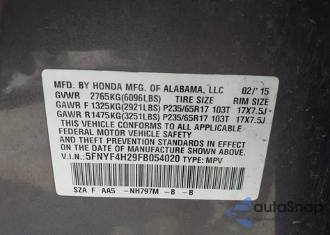 2015 Honda Pilot Lx from USA, damaged, VIN 5FNYF4H29FB054020